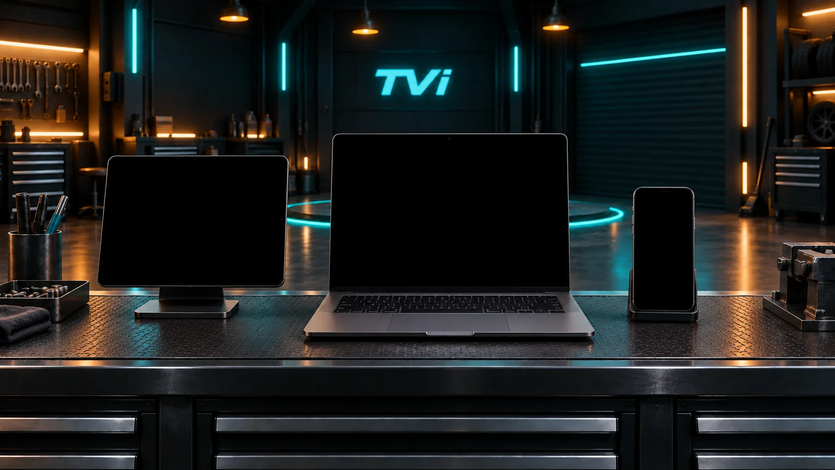 The TVi portal open on a monitor, a laptop and a phone on the shop workbench