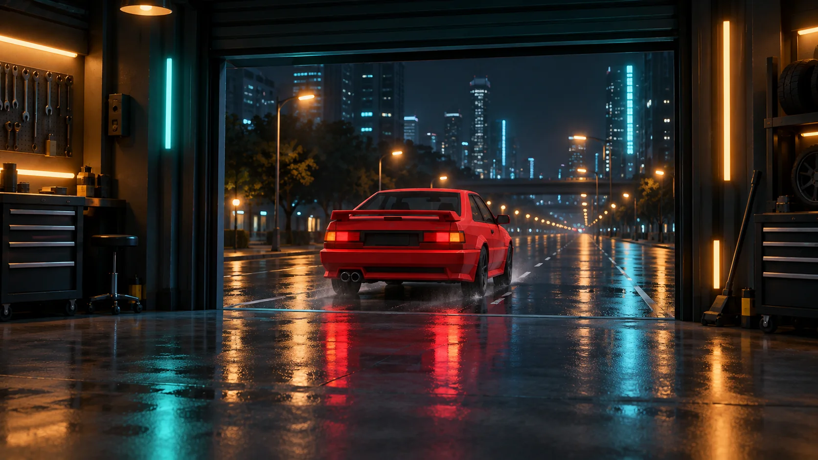 The coupe leaving the TVi bay onto a wet street at night, the city ahead