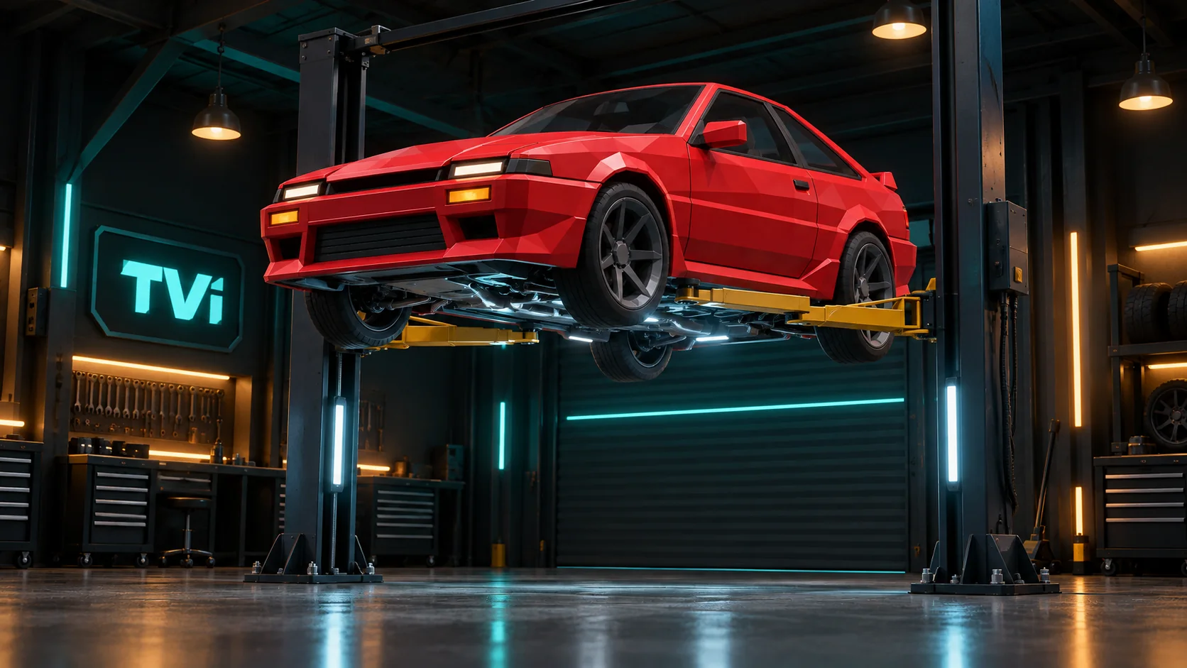 The coupe raised on a two-post lift in the TVi shop, undercarriage lit