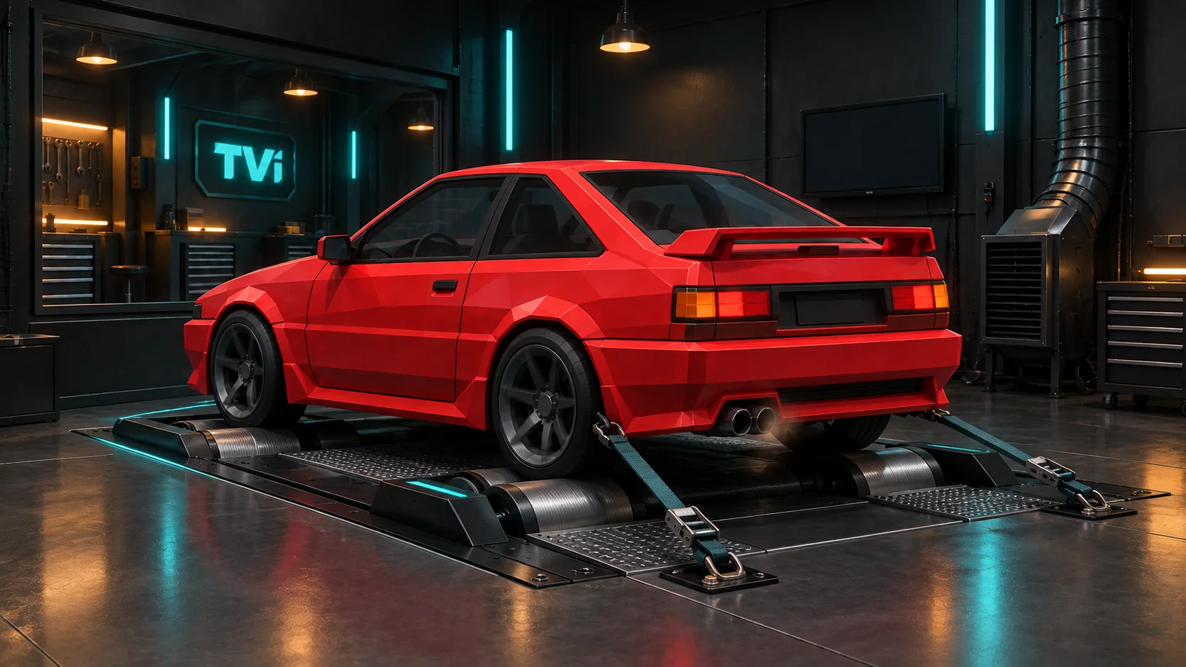 The coupe strapped down on the dynamometer in the TVi shop