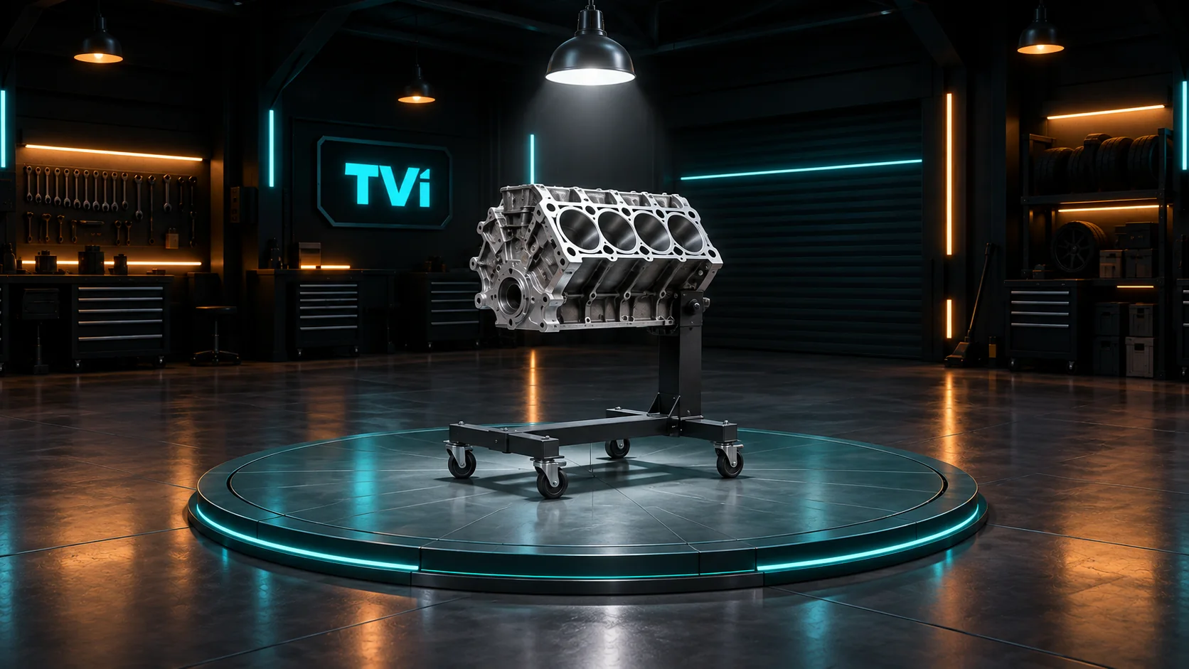 A bare engine block on a stand under a work light in the TVi shop