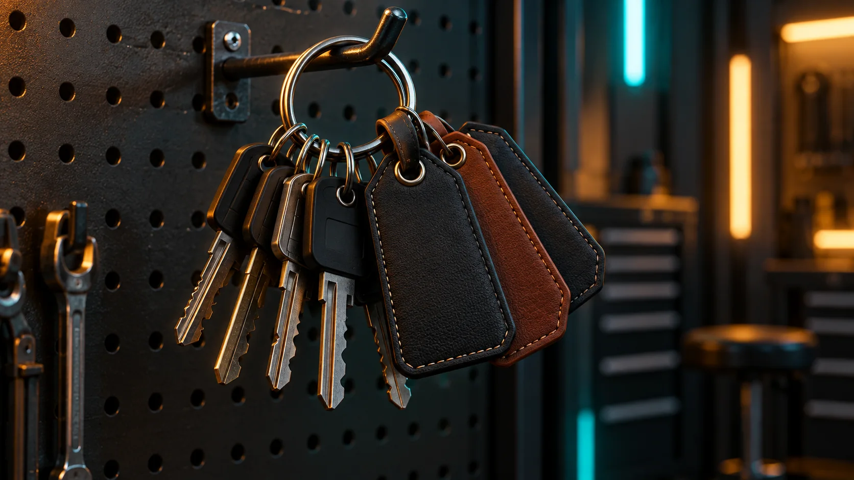 A keyring of keys with blank tags hanging on the TVi shop pegboard