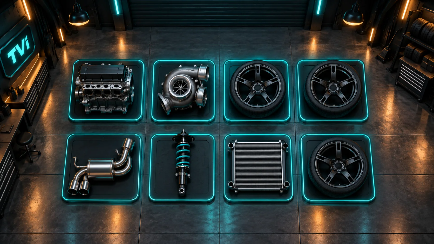Car parts laid out in a grid on the TVi shop floor, each on a lit mat