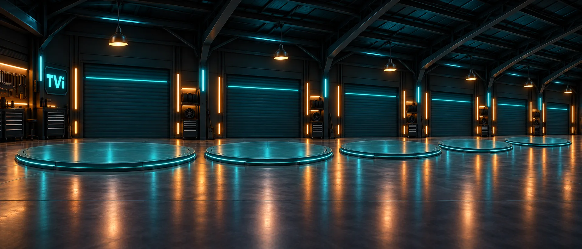 A row of bays in the TVi shop, each one lit and ready