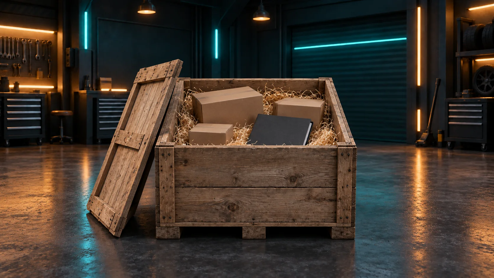 An open shipping crate on the shop floor, packed and ready to go