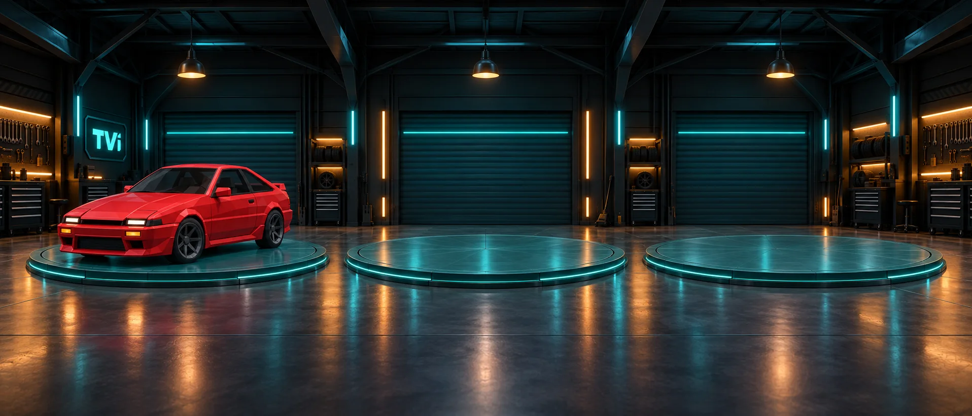 Three identical bays in the TVi shop; the coupe is on the first turntable, the other two wait