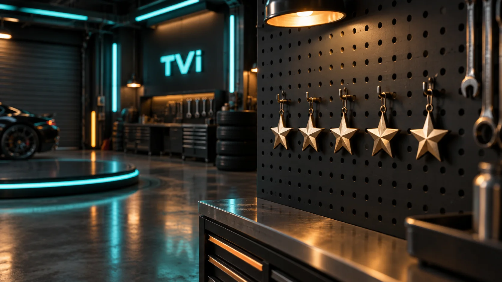 Five metal stars hanging on the TVi shop pegboard
